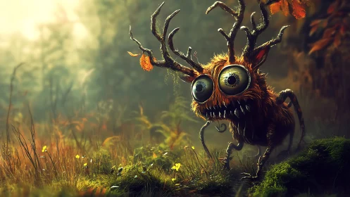 Furry forest creature with antlers stands alert in foliage