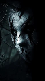 Corroded slasher mask in high-contrast nocturnal close-up.