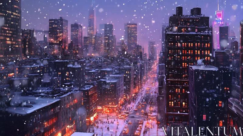 Snow drenched city avenue under neon winter twilight glow.