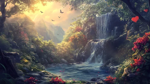 Romantic fantasy forest waterfall and tranquil pond scene.