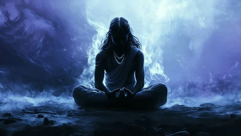 Luminous meditative silhouette in volatile blue atmospheric field.