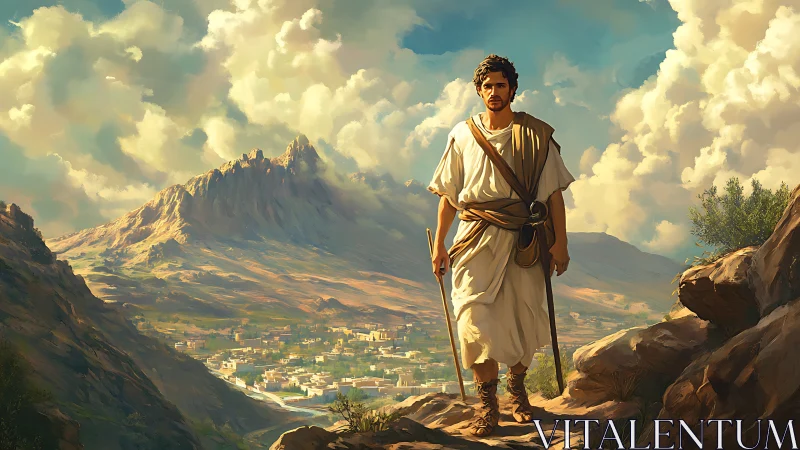 Wanderer in white strides above a sunlit desert city.