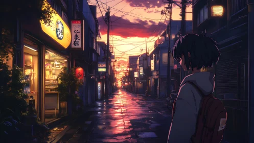 Solitary figure on wet city street at sunset in anime style.