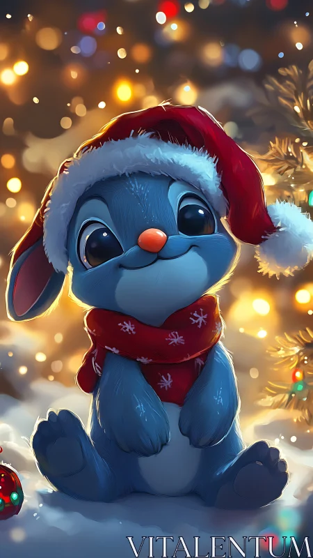 Snowy blue bunny quietly hoards Christmas lights in its eyes