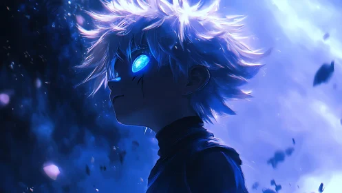 Blue-lit anime boy with glowing eyes in cosmic storm.