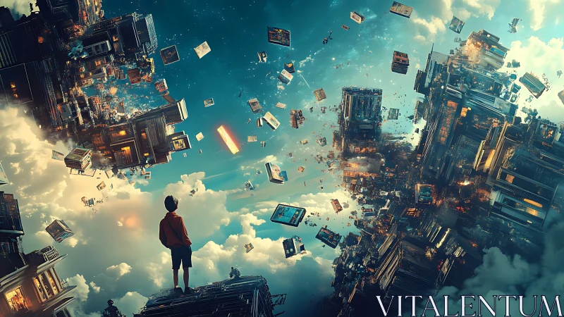 Boy stands watching fragmented city blocks float in sky