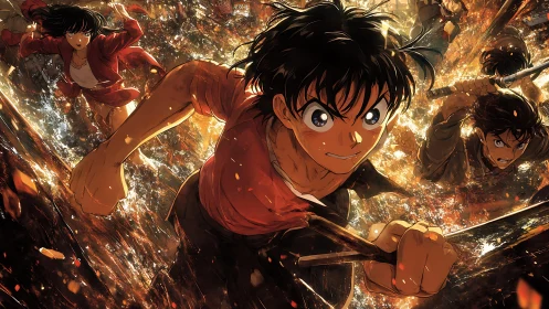 Kinetic anime pursuit through fragmented urban inferno space.