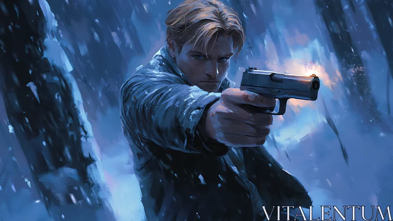 Man aims handgun in snowy forest with visible muzzle flash