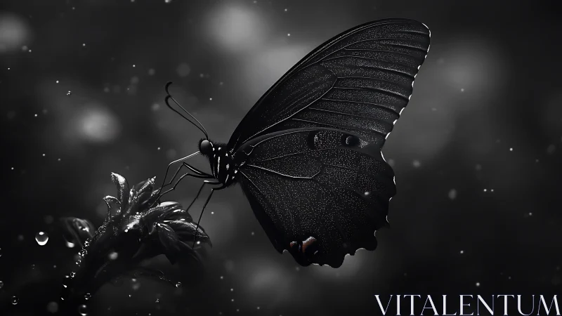 Nocturne butterfly balances on a rainlit flower of shadow