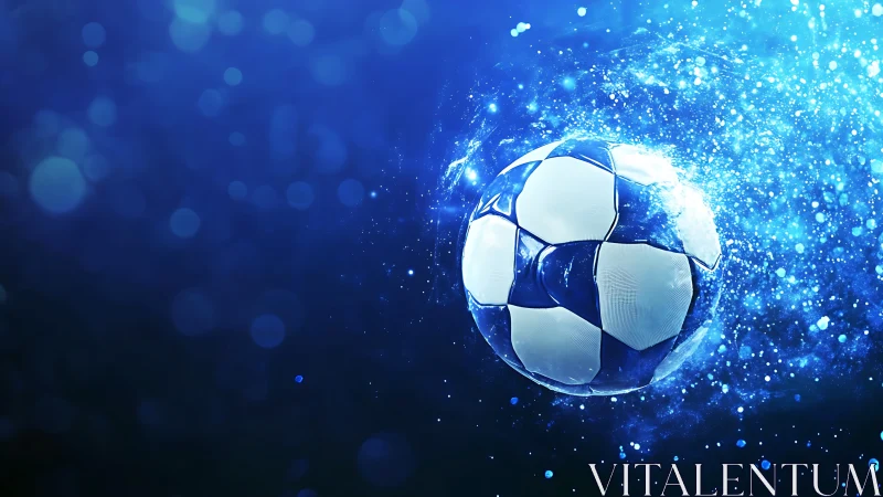 Digital painting soccer ball in dynamic blue particle burst.