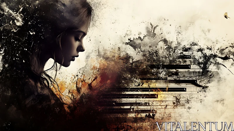 Young woman profile blended with abstract piano keys.