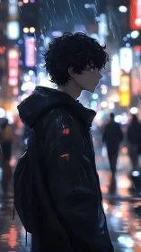 Solitary youth in rainy neon city street at night.