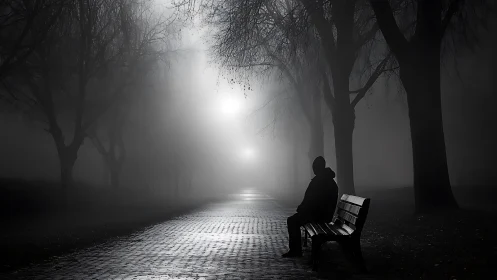 Solitary silhouette adrift on a lantern-lit fog road.