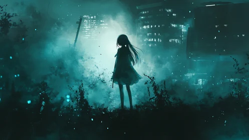 Solitary girl faces neon city through cyan storm haze.