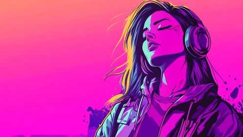 Neon gradient portrait of headphone listener in vector style