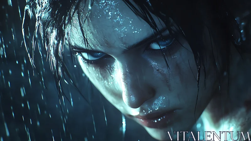 Stormlit warrior holds a fierce, determined gaze in rain