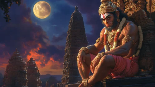 Digital painting of Hanuman on temple terrace under full moon.
