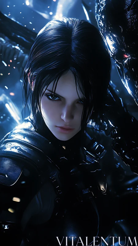 Armored female figure in blue-lit sci-fi combat setting.