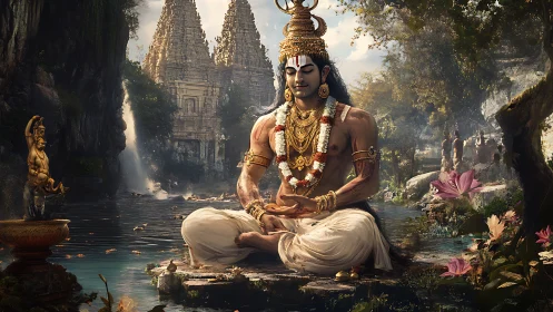 Serene river meditation with ornate temple guardian sage.