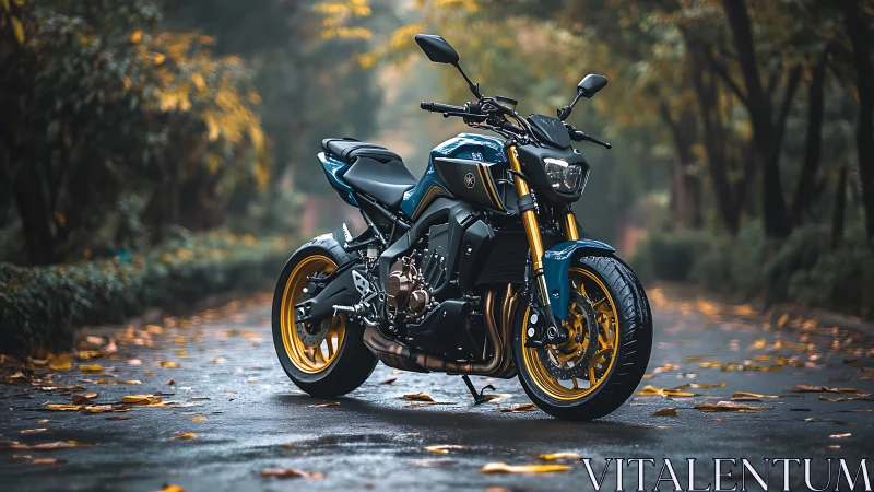 Modern naked street motorcycle stands on wet tree-lined road