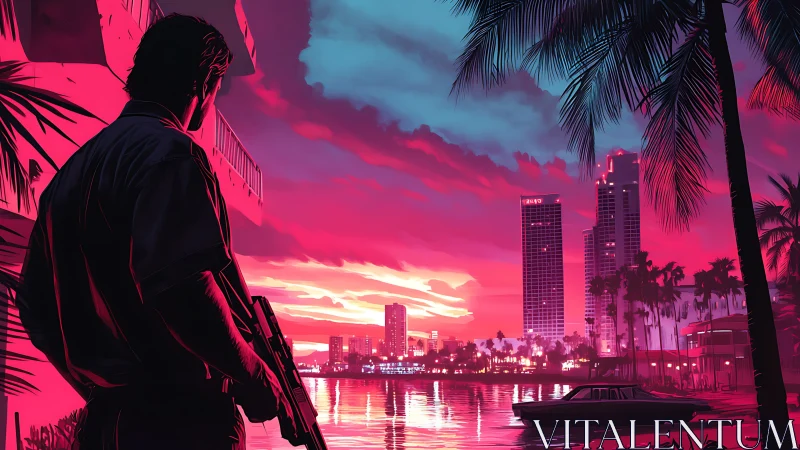 Neon-soaked waterfront vigil in a retro-futurist cityscape.