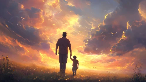 Father and child walking toward vivid sunset sky field.