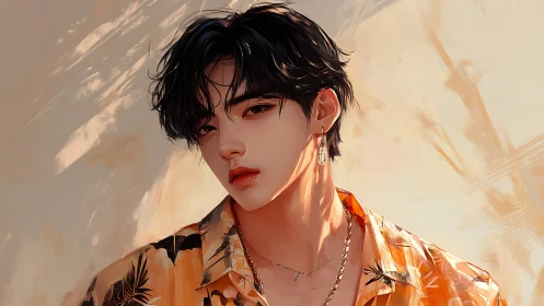 Warm sunset portrait of a stylish young man in orange shirt