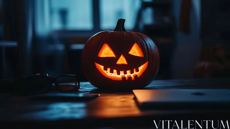 Glowing jack o lantern on desk in dimly lit room.