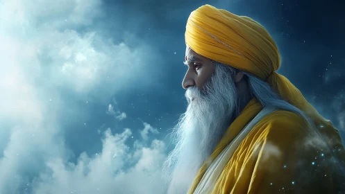 Serene elder in golden turban contemplating amid clouds.