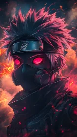 Masked shinobi portrait amid stylized embers and smoke.