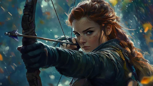 Fiery archer poised in rain-soaked forest ambush scene.