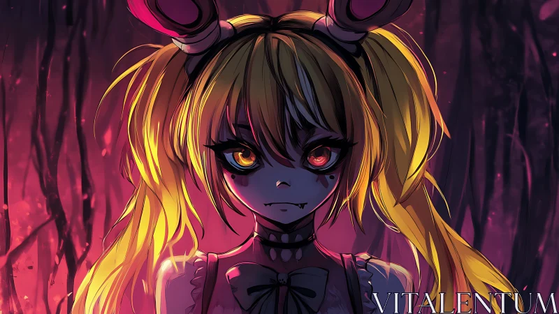 Anime girl with twin tails in dark forest scene at dusk.