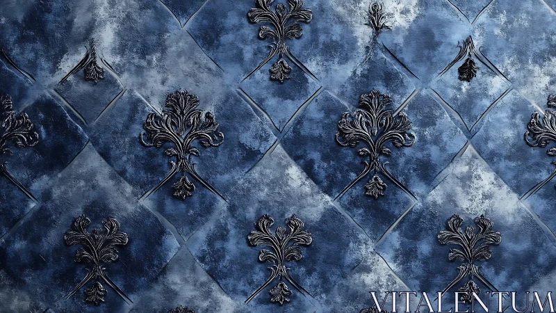 Baroque fleur-de-lis relief on diagonally quilted blue wall surface.