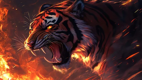 Digital rendering of roaring tiger head amid rising flames.