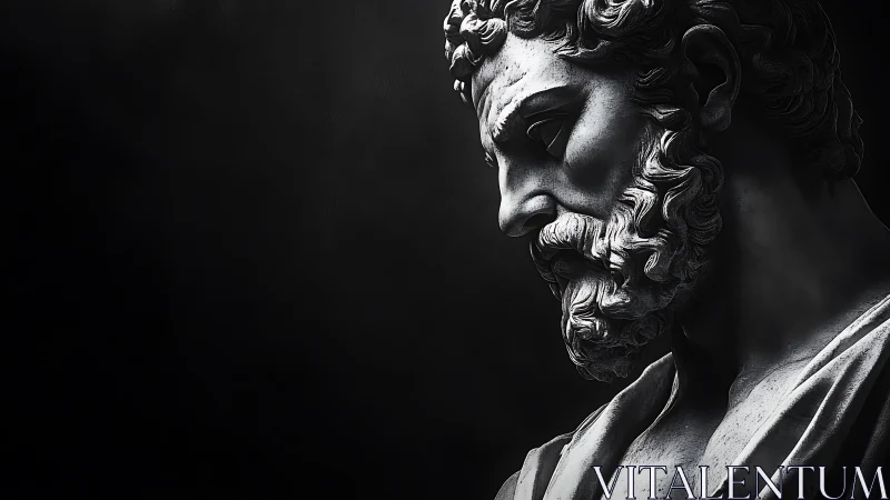 Marble bust of bearded man in dramatic side lighting.