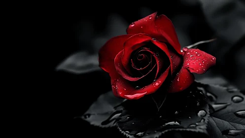 Red Rose with Water Droplets Against Dark Background.