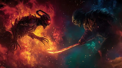 Infernal blade duel between fire demon and spectral warrior.