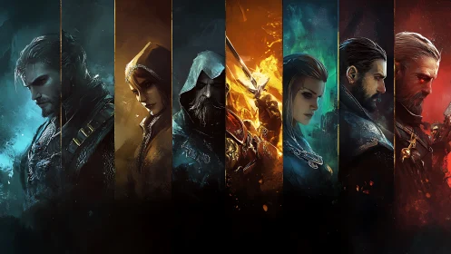 Elemental fantasy heroes stand divided by glowing color realms