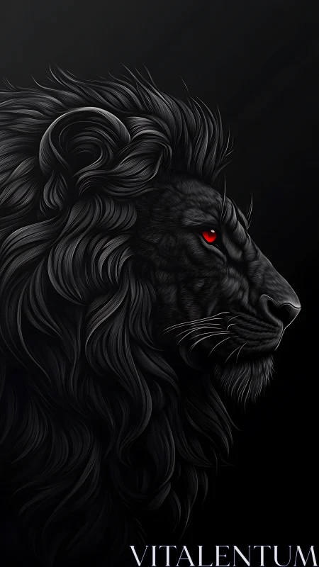 Black lion profile illustration shows red eye and detailed mane