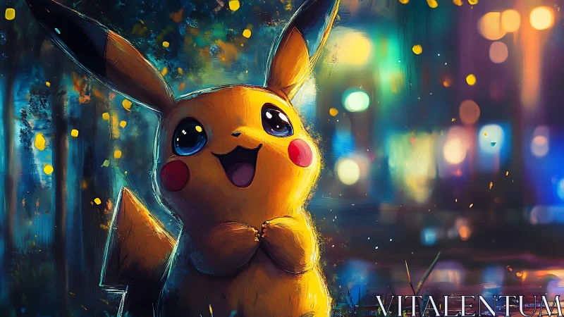Pikachu in a colorful night cityscape digital painting.
