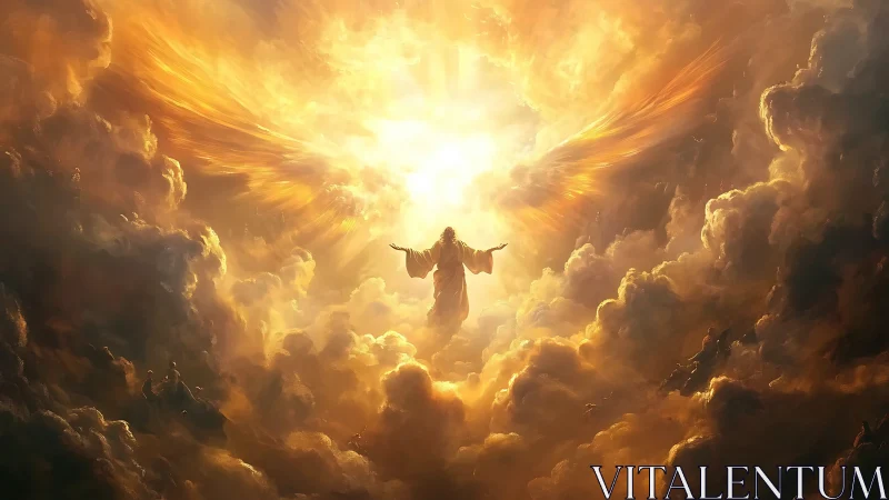 Radiant angel ascends through blazing golden storm clouds