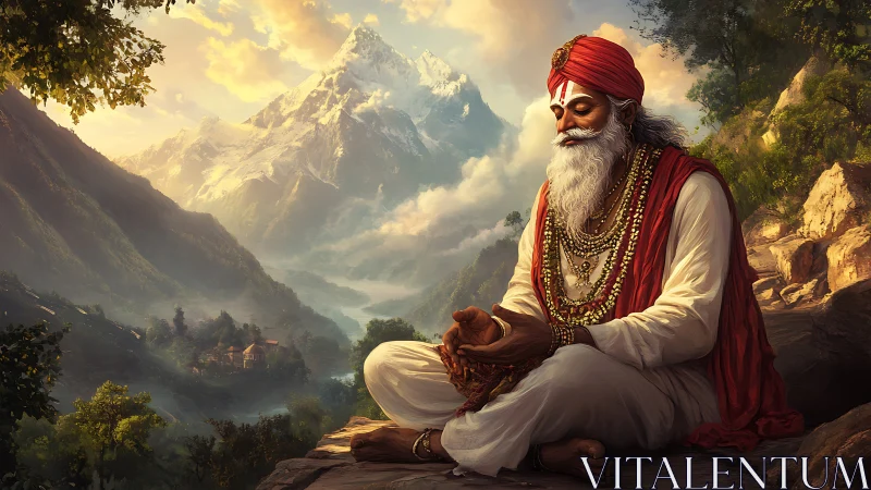 Hindu sage meditates in vivid Himalayan mountain valley.