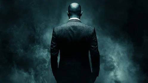 Shadow-backed gentleman dissolving into emerald mist.