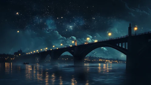 Midnight river bridge under luminous star-filled heavens.