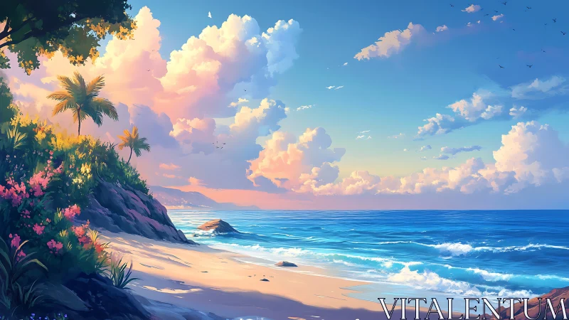 Digital seascape shows tropical shoreline with clouds and surf