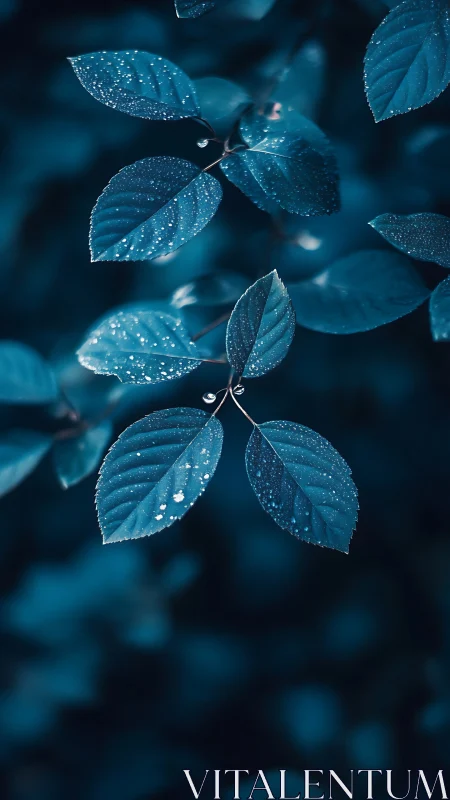 Teal leaves catch raindrops in cool moody forest glow.