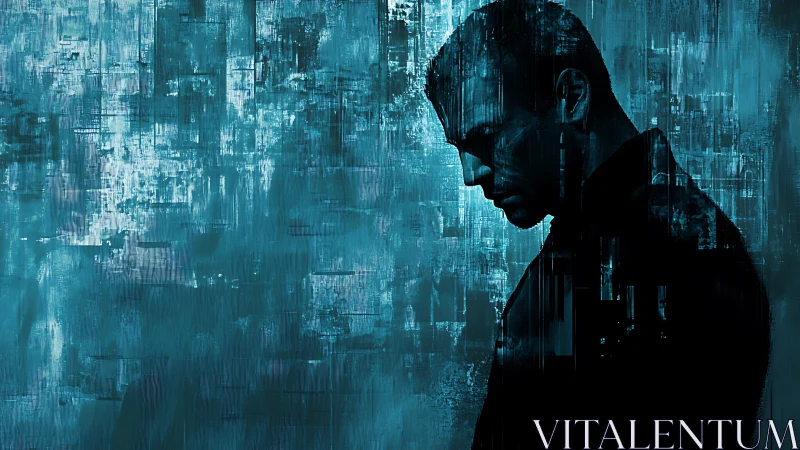 Solitary male silhouette dissolves into cold digital haze