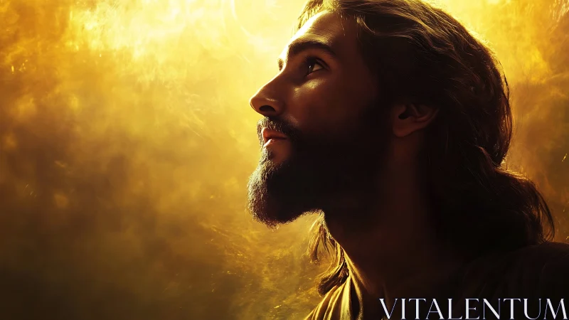 Saintly profile gazes into radiant golden spiritual light