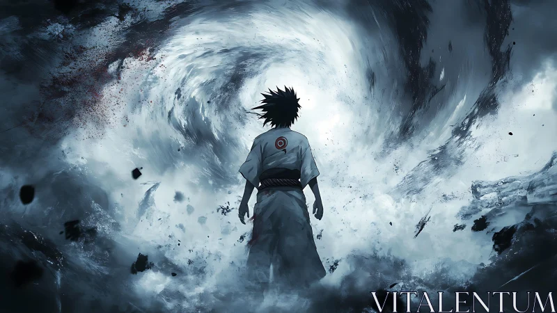Solitary warrior confronts cosmic vortex in dynamic anime storm