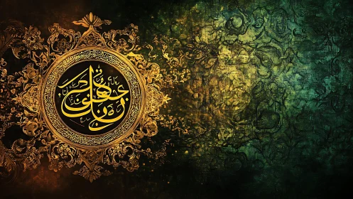 Ornate Arabic calligraphy medallion on textured emerald field.